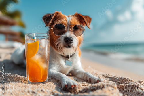 Dog in sunglasses chilling on sea, summer, created with Generative AI technology photo