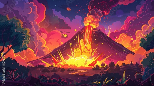 An eruption of volcanic lava on ancient landscape background with asteroid rain. The extinction land is perfect for prehistory adventure games. photo