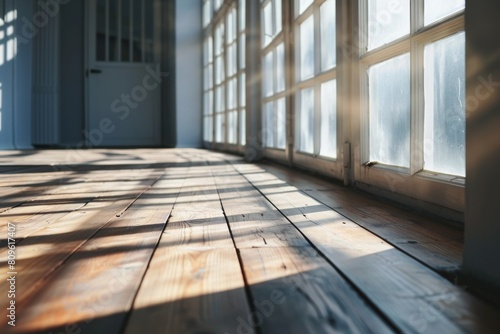 Interior and wood plank floor with sunlight, Perspective of minimal design architecture, Window and sunlight wallpaper, background for poster, cover, product showcase, AI generated