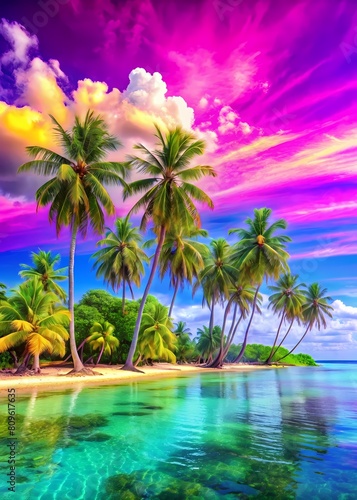 topical lonely island palm trees vibrant colors abstract backgrounds sandy beach 