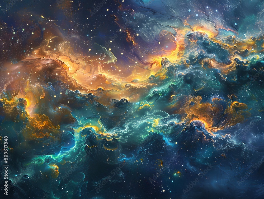 Fototapeta premium Ethereal Collision of Celestial Bodies in a Vibrant Cosmic Dance of Light and Energy