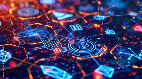 concept of tokenization with an image of various assets represented as digital tokens on a vibrant and dynamic background, illustrating the versatility of blockchain technology. photo