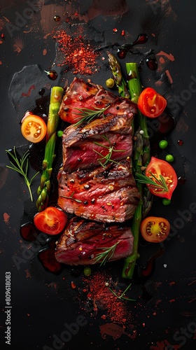 Expertly Seared and Glistening Grilled Steak Atop Roasted Vegetables in High Contrast Setting