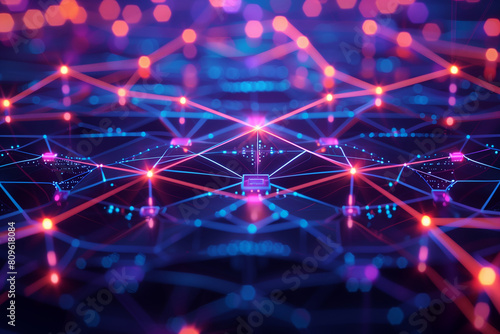 Complex network connections with nodes and glowing links. Technology and communication concept. Design for digital network, infographic, gennerlative ai