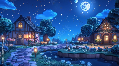 2d pixel art of night village photo