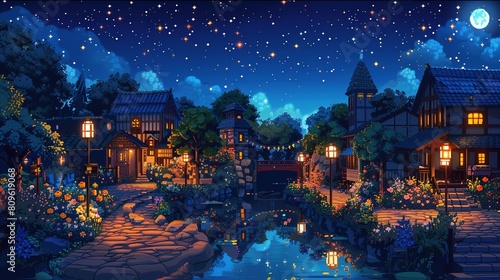 2d pixel art of night village