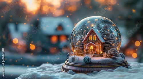 A Christmas snow globe with a tree and house inside.