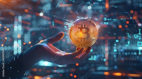 future of finance with an image of a person holding a physical bitcoin coin against a backdrop of digital technology, highlighting the fusion of traditional and digital currencies.