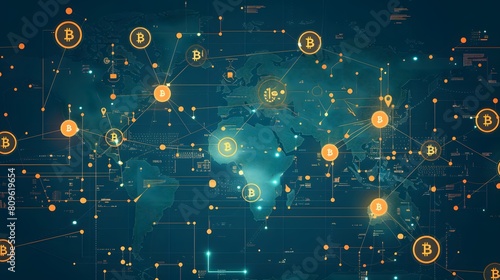 global reach of cryptocurrency with a photo of a world map overlaid with digital currency symbols, demonstrating the borderless nature of blockchain transactions. photo