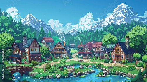 2D pixel art of sunlit village with charming cottages and vibrant colors