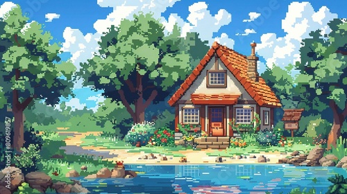 2D pixel art of sunlit village with charming cottages and vibrant colors