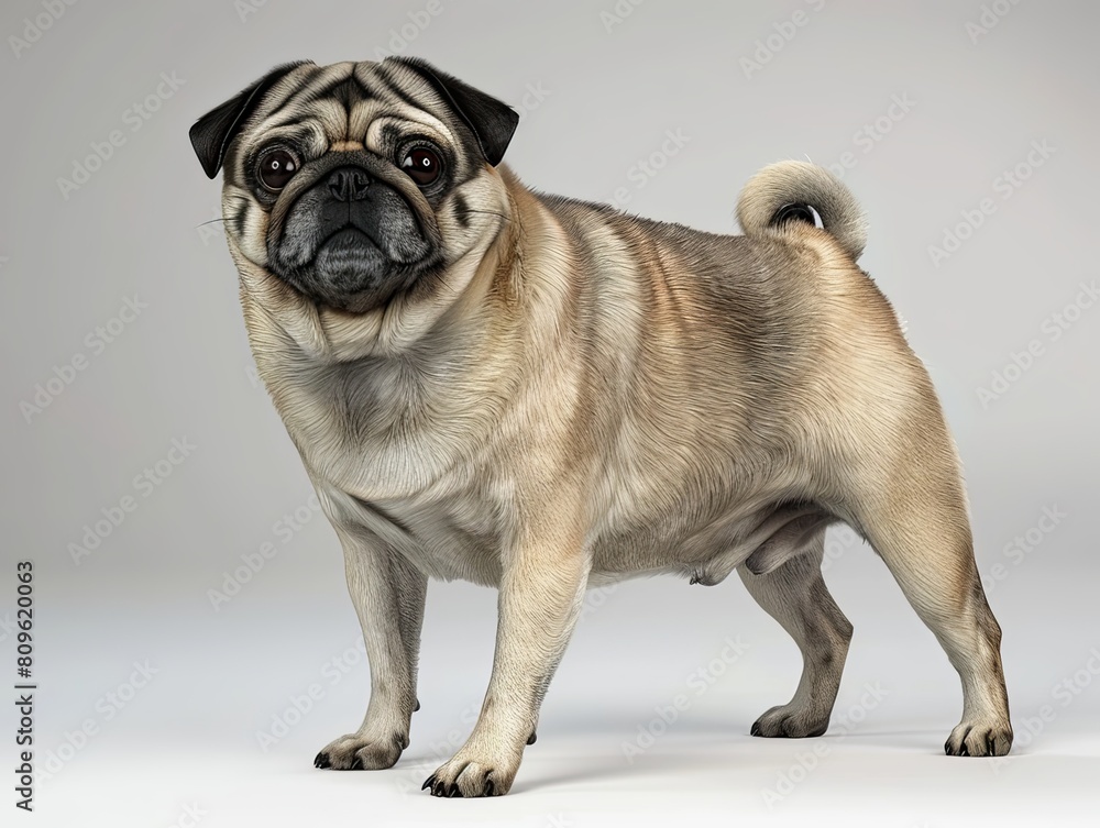 Pug Dog in White Studio with Curious Facial Expression Pug Dog in White Studio with Curious Facial Expression