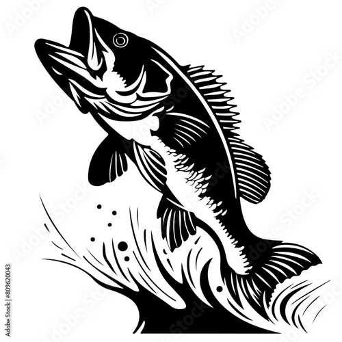 Jumping Bass Silhouette, Fishing Black and White, Underwater For Crafts & Prints, Sublimation For Shirts - mugs