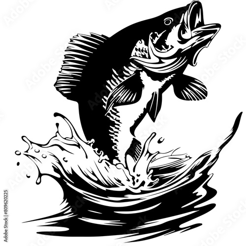 Jumping Bass Silhouette  Fishing Black and White  Underwater For Crafts   Prints  Sublimation For Shirts - mugs
