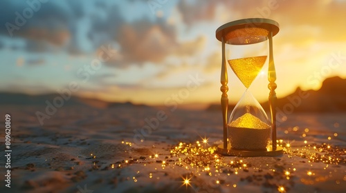 powerful visual of an hourglass with golden sand pouring, signifying the preciousness of time and the need to make every moment count. photo
