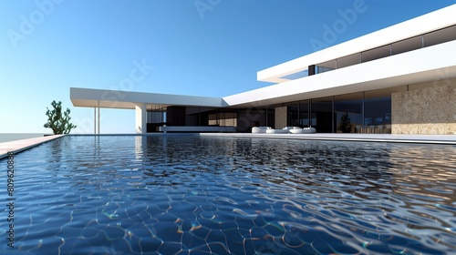 Contemporary house with a geometric pool, side view under blue skies reflecting in the water. © Aqsa