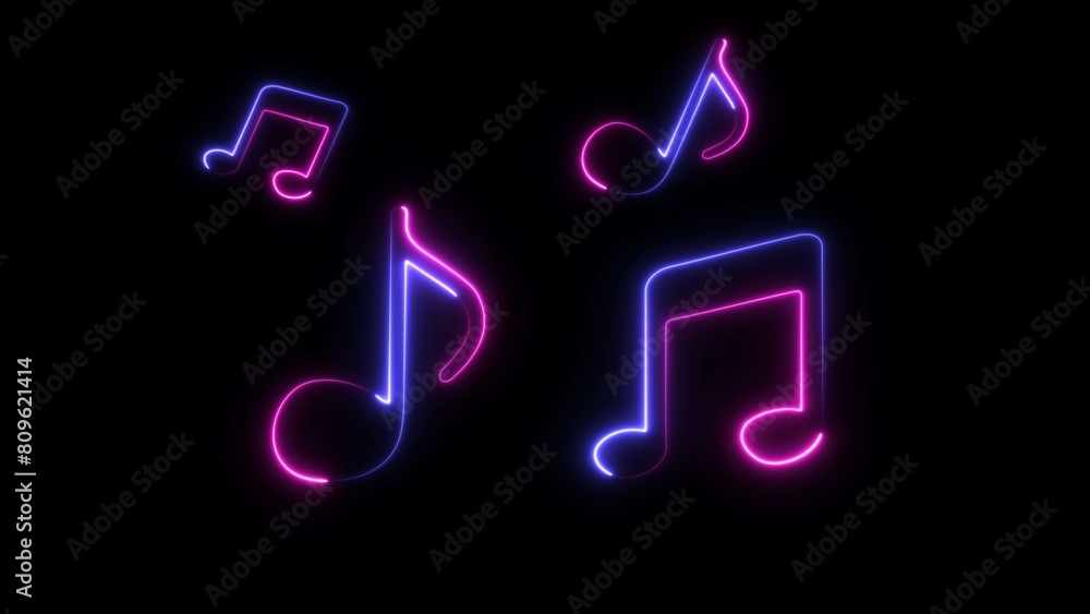 Music sign neon glowing loop animation. Set neon line music icon illustration on black background. Music sign neon glowing loop animation. Set neon line music icon illustration on black background.