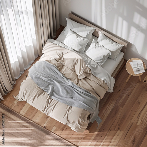 bedded double bed mockup in light room with light wooden floor, view from semi above