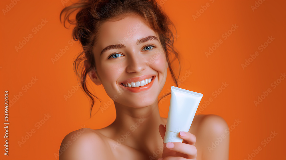 close-up photography of a smiling young caucasian woman with clear skin, holding a white blank skin care tube, on orange background. Put your logo or brand label. close-up photography of a smiling young caucasian woman with clear skin, holding a white blank skin care tube, on orange background. Put your logo or brand label.