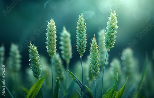 Vibrant green wheat stands against a serene backdrop  offering a picturesque and tranquil scene