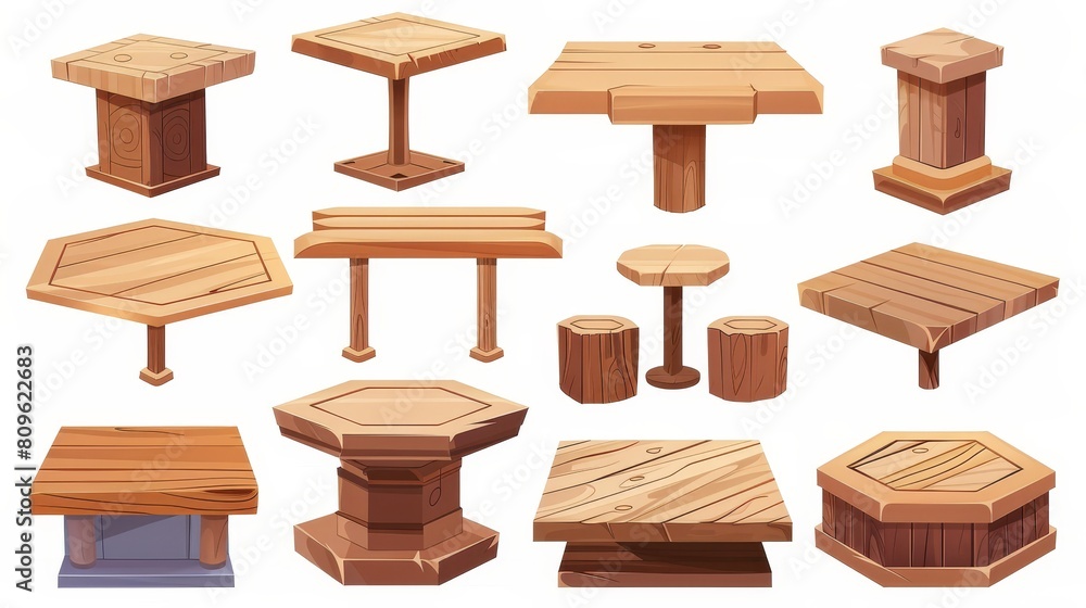 A set of 3D wooden platforms isolated on a white background. Modern illustration of square and hexagonal stages for presentations, awards, display stands, and furniture materials. A set of 3D wooden platforms isolated on a white background. Modern illustration of square and hexagonal stages for presentations, awards, display stands, and furniture materials.