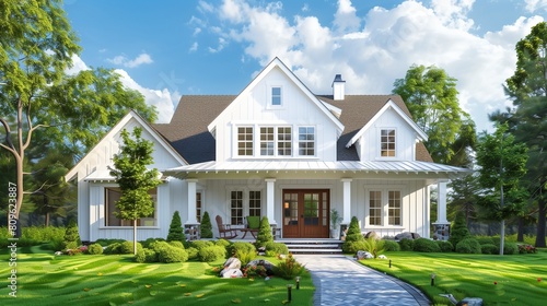 Digital front view of a white Craftsman cottage with a landscaped front and triple roof.