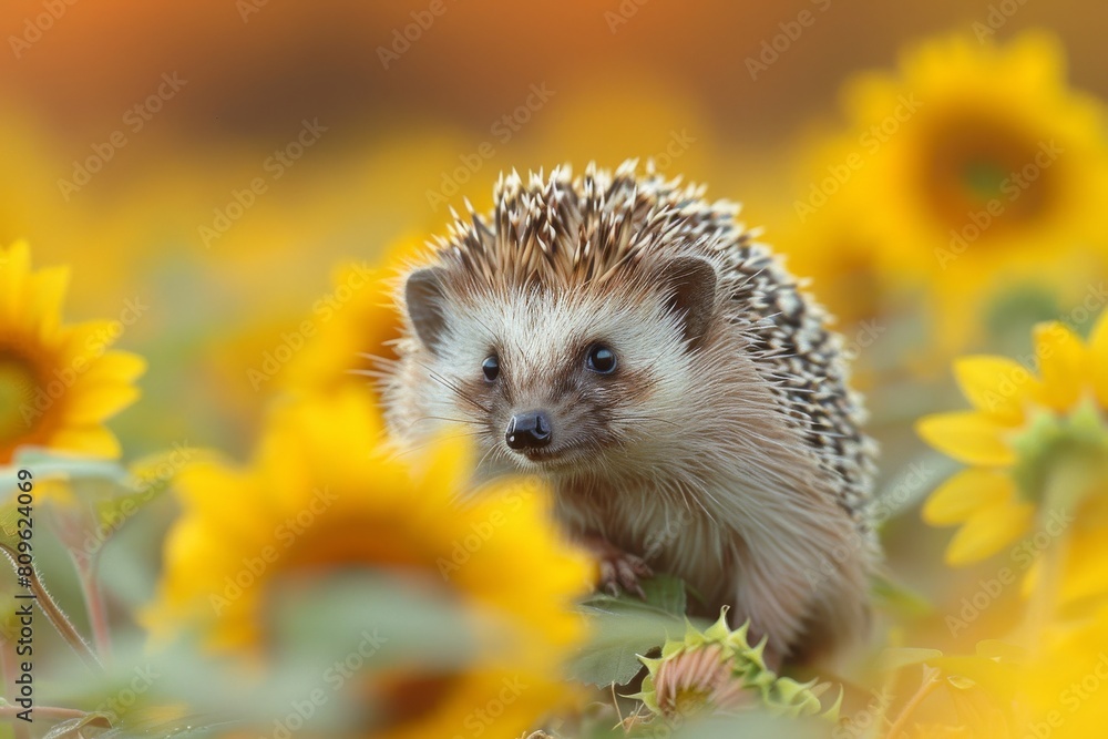With an inquisitive gaze, this hedgehog sits among blooming sunflowers, creating a joyful scene With an inquisitive gaze, this hedgehog sits among blooming sunflowers, creating a joyful scene