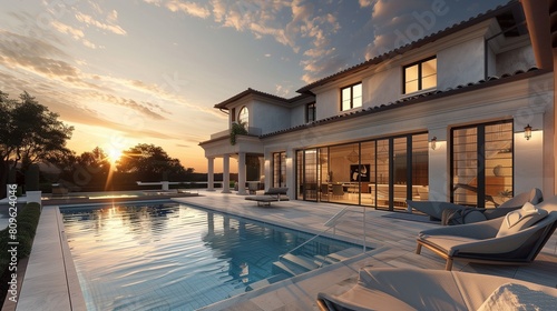 Large pool and patio capture the evening light at a Mediterranean villa, side angle view. © Aqsa