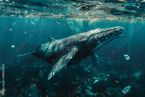 Humpback whale swimming in polluted ocean water with plastic debris. Environmental impact and marine pollution concept. Design for awareness campaign, poster ,gennerlative ai © Bank-adtapon