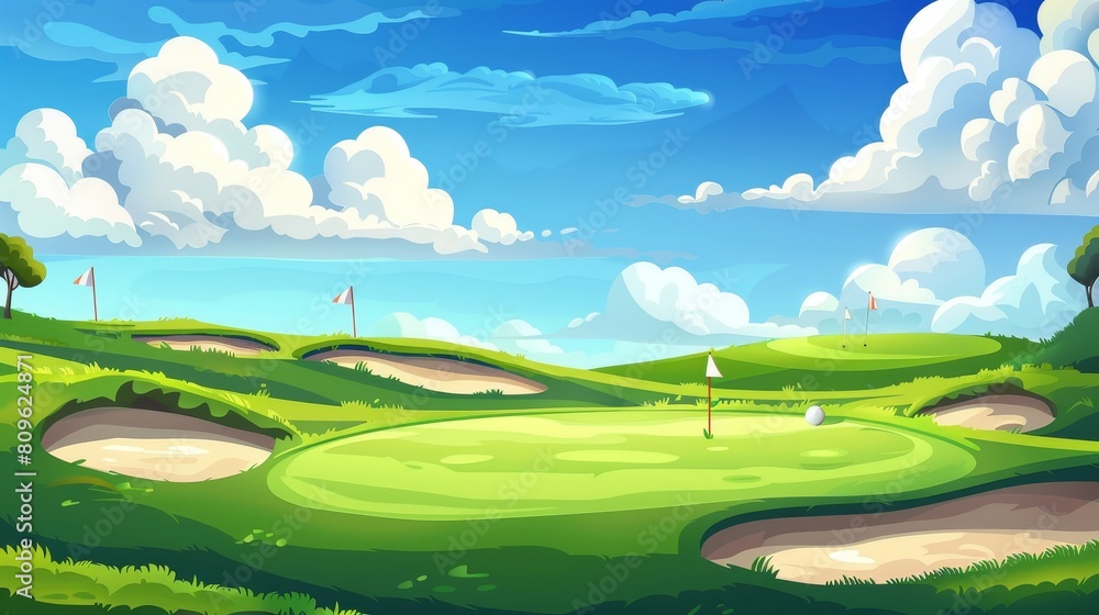 Green grass golf field with sand bunkers, ball hole and flags on a sunny day on a blue sky with clouds. Cartoon modern illustration of golfclub lawn landscape for championships and course designs.