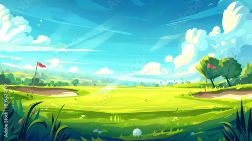 Golf course landscape with green grass  a sand bunker  a hole for the ball and flags  on a sunny day with clouds in the sky. Cartoon illustration of a golf club lawn for championships and course