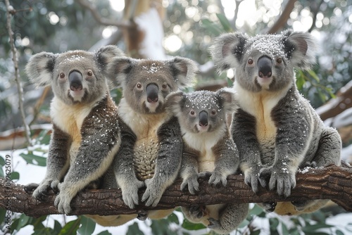 Four adorable koalas huddle together for warmth on a branch, dusted with fresh snow, capturing a tender family moment photo