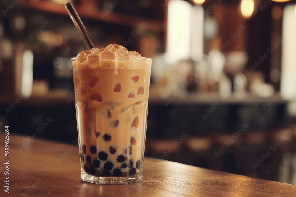 Homemade Milk Bubble Tea with Tapioca Pearls on wooden table Homemade Milk Bubble Tea with Tapioca Pearls on wooden table