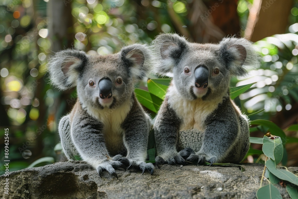 Fototapeta premium Two fluffy koalas engaged in a relaxed pose perched on a branch surrounded by lush green foliage in the backdrop