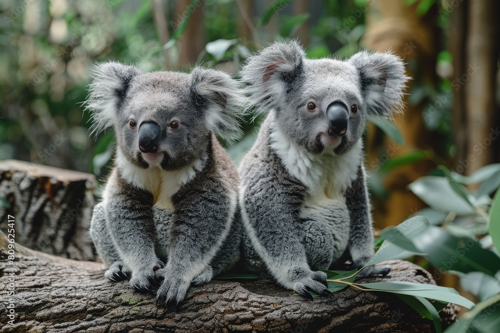 Naklejka premium Image captures the serene scene of two koalas resting on a wooden log amidst vibrant green foliage within their natural habitat
