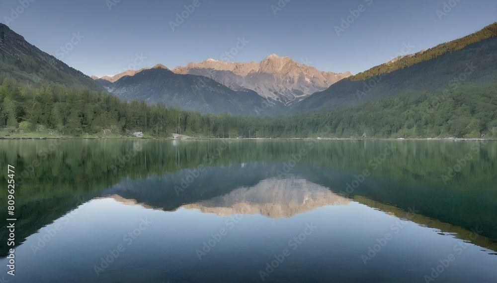 A serene lake reflecting the surrounding mountains upscaled 4