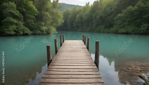 A rustic wooden dock stretching out into a calm ri upscaled 2 photo