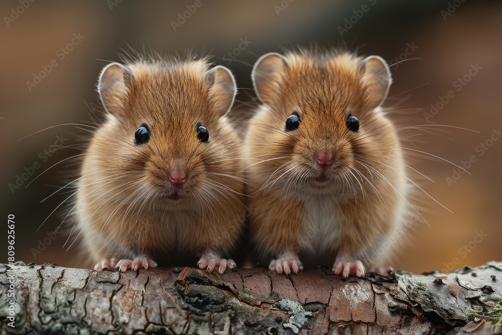 A detailed close-up capturing the texture and color contrast of two hamsters sitting on a textured tree branch in natural habitat A detailed close-up capturing the texture and color contrast of two hamsters sitting on a textured tree branch in natural habitat