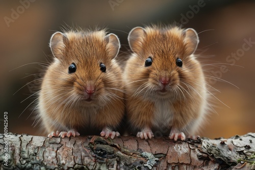 A detailed close-up capturing the texture and color contrast of two hamsters sitting on a textured tree branch in natural habitat © Larisa AI
