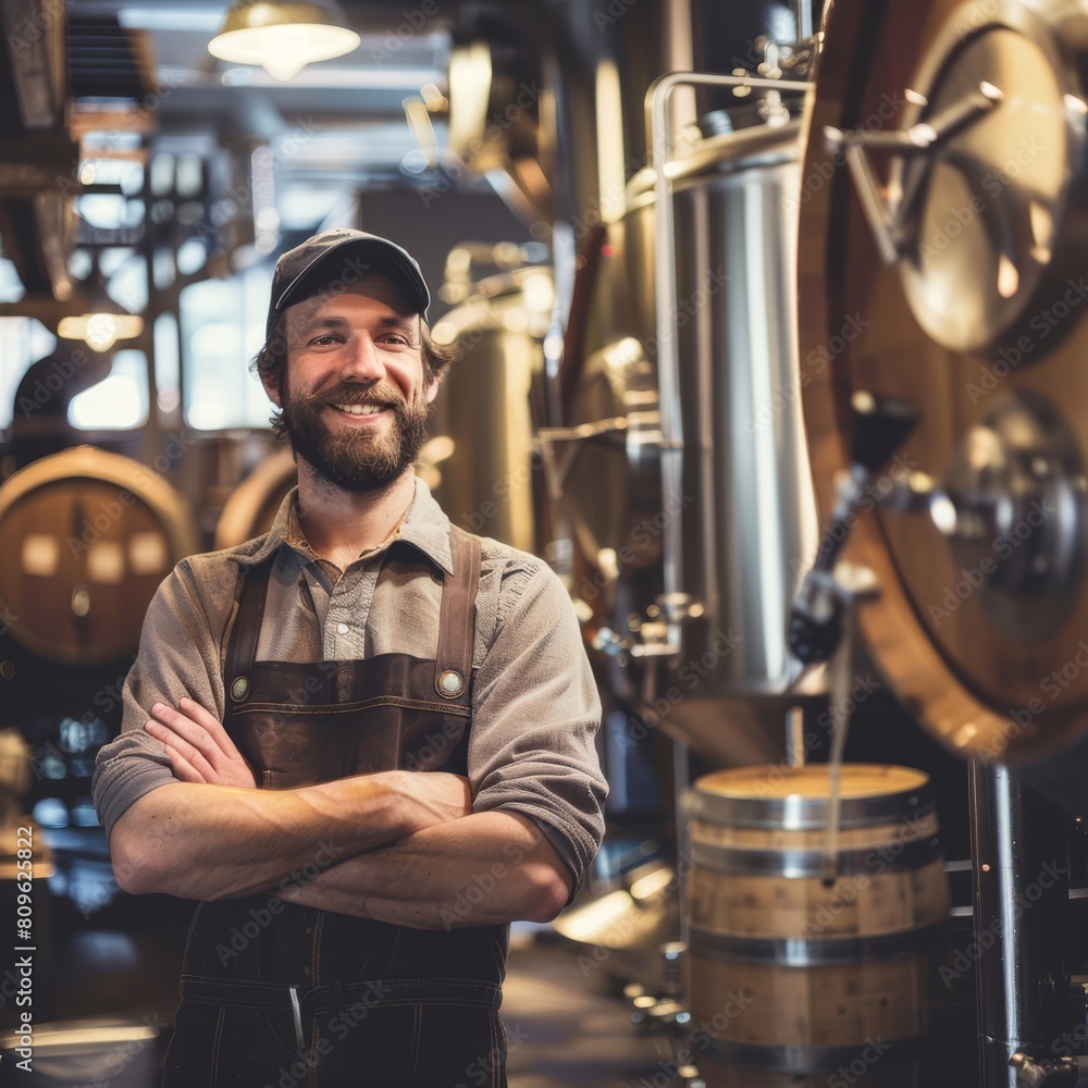 A brewer in a brewery explaining the brewing process, with barrels and brewing equipment blurred behind. A brewer in a brewery explaining the brewing process, with barrels and brewing equipment blurred behind.