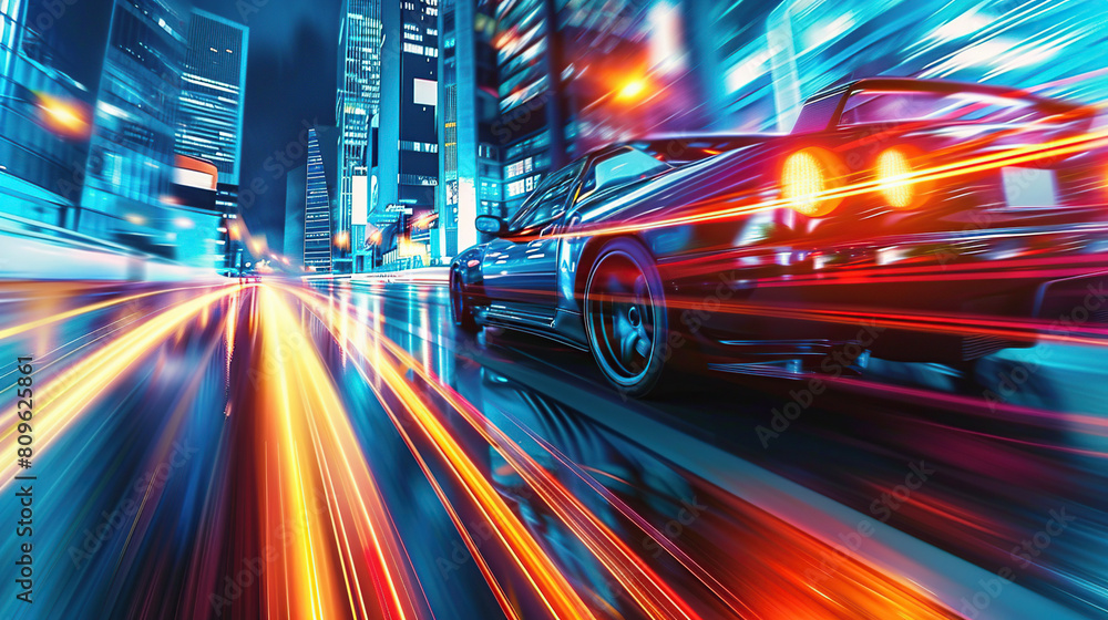Rear view of Futuristic Car with high fast and speed through neon mega cyber city background, High acceleration car on tack with glowing light trails, night scene neon Rear view of Futuristic Car with high fast and speed through neon mega cyber city background, High acceleration car on tack with glowing light trails, night scene neon