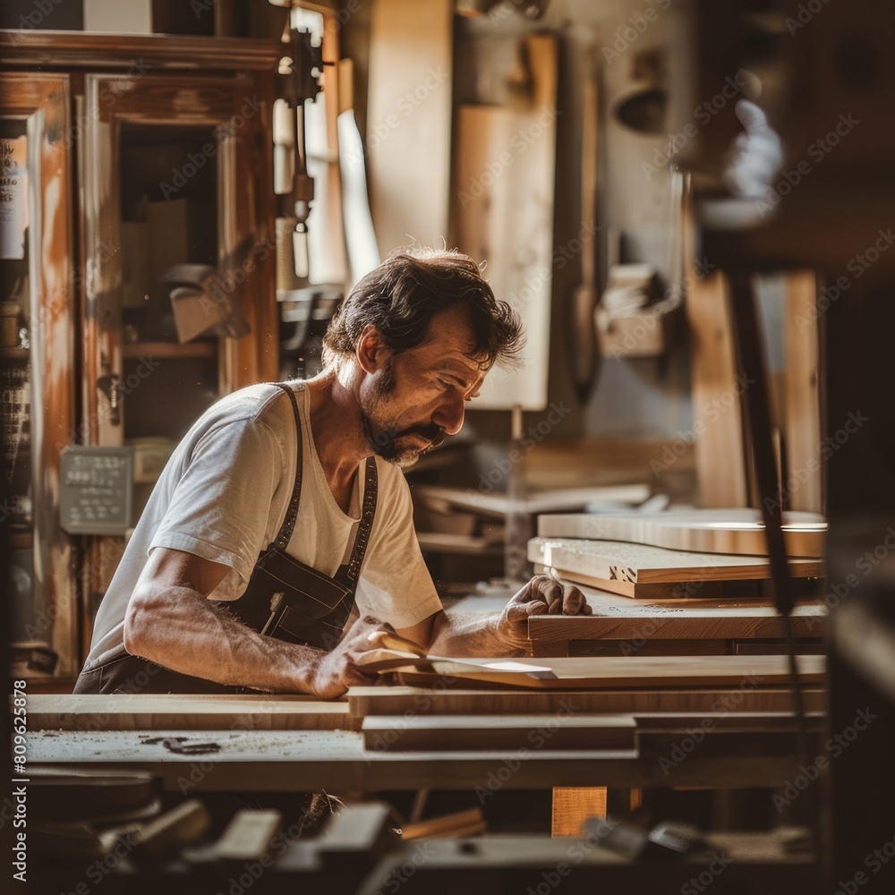 A craftsman in a workshop detailing the process of making handmade furniture, with the workshop softly blurred behind. A craftsman in a workshop detailing the process of making handmade furniture, with the workshop softly blurred behind.