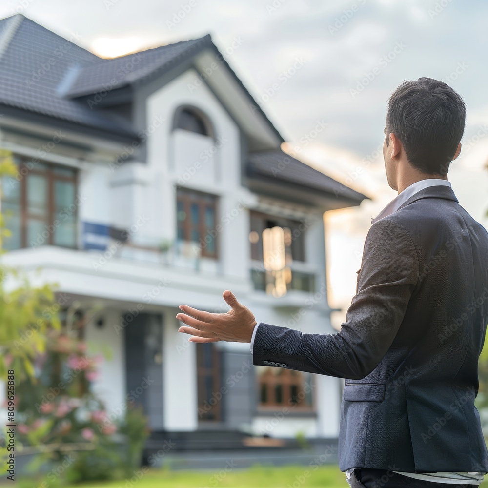 A real estate agent describing house features, with the property softly blurred in the background. A real estate agent describing house features, with the property softly blurred in the background.
