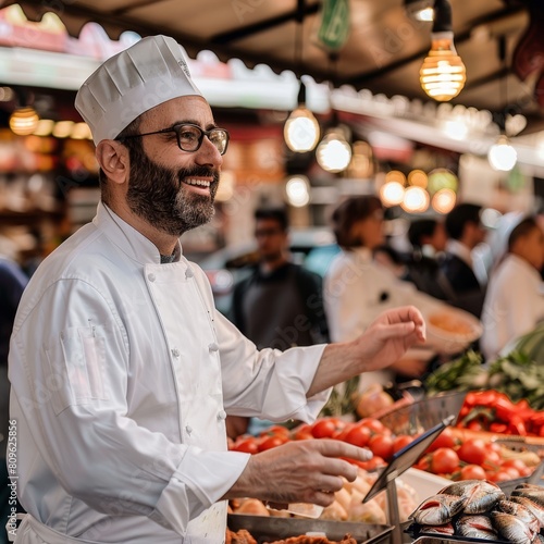 A chef in an outdoor market explaining how to select the best ingredients  with the market stalls blurred behind. 