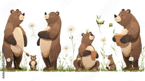 A cute big bear with brown fluffy fur in different poses. A cartoon modern character set of grizzly mascot standing with honey in a pot, with bees, sitting thoughtfully, and a daisy bouquet. photo