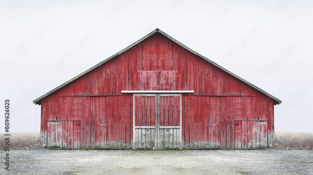Misty morning with a faded red barn in a peaceful rural landscape Misty morning with a faded red barn in a peaceful rural landscape