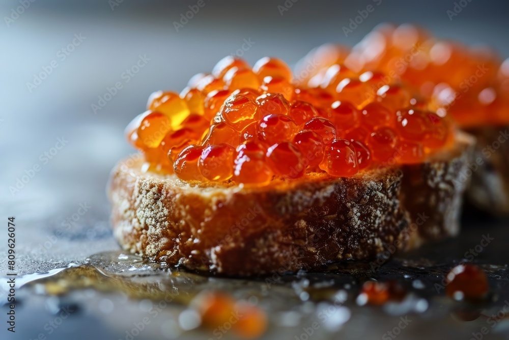 Close-up of a toast topped with glossy red caviar on a blurred background Close-up of a toast topped with glossy red caviar on a blurred background