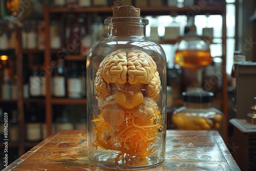 A detailed and realistic human brain specimen elegantly showcased in a laboratory jar amidst vintage laboratory equipment photo