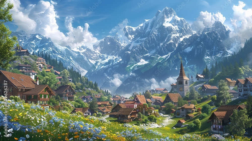 Beautiful village, blossoming trees and clouds in the sky with mountains in the background, Generative AI.