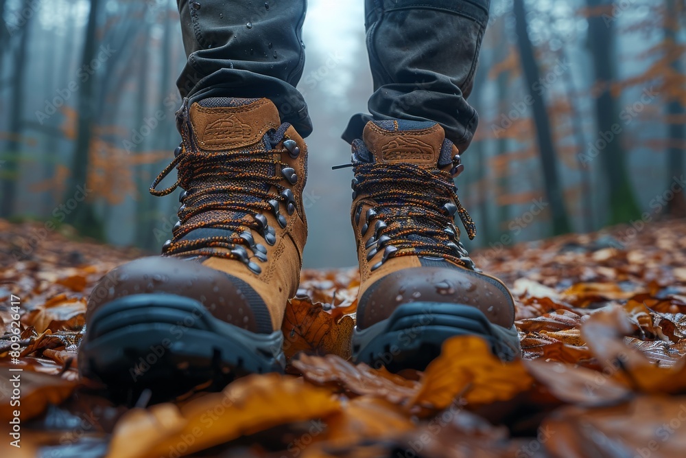 Close-up view of sturdy hiking boots surrounded by vibrant orange autumn leaves creating a sense of adventure and exploration in the woods Close-up view of sturdy hiking boots surrounded by vibrant orange autumn leaves creating a sense of adventure and exploration in the woods